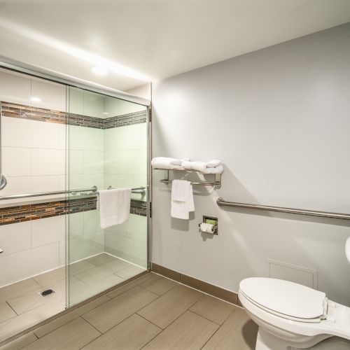 The image shows a modern bathroom with a walk-in shower, glass doors, a shower bench, a toilet, towel racks, and various toiletries mounted on the wall.